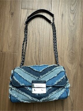 Michael Kors Frayed Chevron Denim Shoulder Bag in Blue Tones